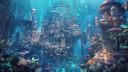Fantastical underwater city with merpeople, sea creatures, and coral architecture