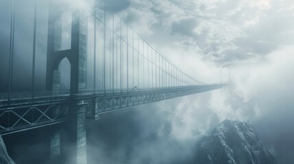 Suspension bridge in the foggy morning. 