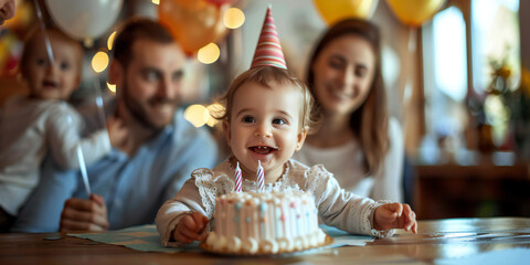 A image of a baby celebrating their first birthday with balloons, cake, and family members, marking the joyous milestone with smiles and laughter - Powered by Adobe