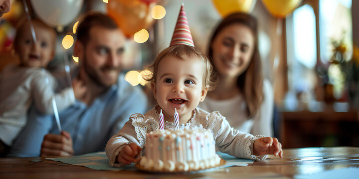 A image of a baby celebrating their first birthday with balloons, cake, and family members, marking the joyous milestone with smiles and laughter