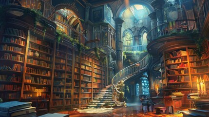 Magical library with towering shelves of ancient books, enchanted artifacts, and spiral staircase.