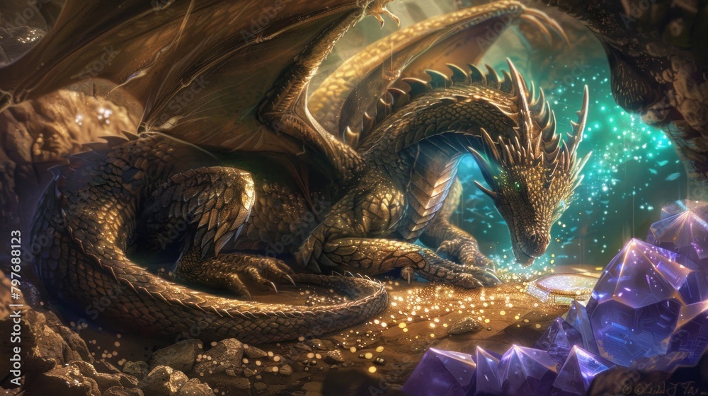 Wall mural Mystical dragon curled around treasure trove with shimmering aura. - Wall murals