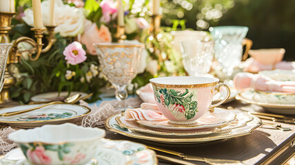 Delightful afternoon tea spread featuring a tiered cake stand brimming with cupcakes, scones, and sweet pastries, accompanied by a floral porcelain tea set