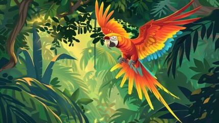 Vibrant parrot soaring above lush tropical jungle.