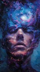 A man's face with a galaxy inside his head higher self