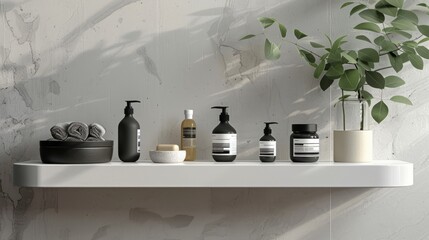 A Tidy Display of Bathroom Essentials in Sustainable Containers, Elevated on a Floating Shelf