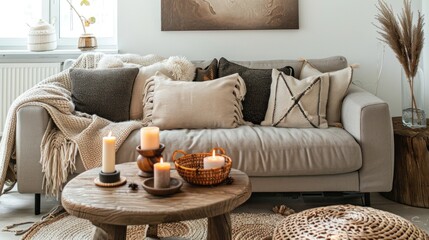 Modern Boho Living Room. A welcoming space radiating comfort and style for relaxation and socializing.