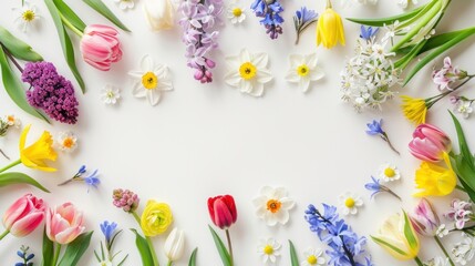 Spring Flowers Flat Lay Arrangement with Ample Space for Text or Images