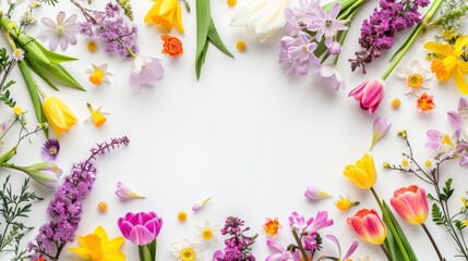 Floral background showcasing a spring flowers frame with various blooming flowers on a white background