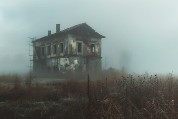 An abandoned building, partially hidden by the thick mist