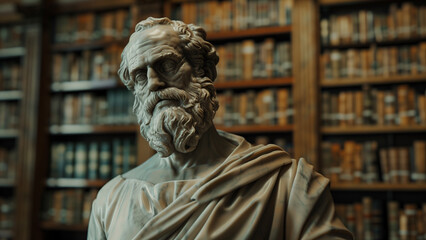 Fototapeta premium In the Realm of Thought: A Stoic Philosopher’s Statue in the Library