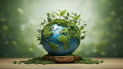 Globe with leaves in the grass, earth day concept 