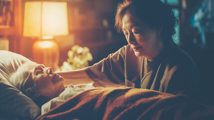 An adult daughter shows love and care while tending to her elderly mother resting in bed, evoking warmth and family support.