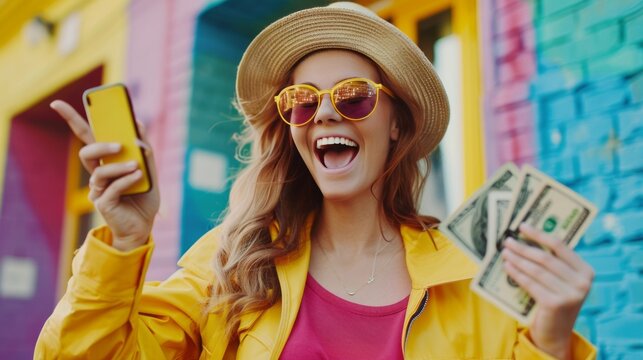 A woman in a yellow jacket is holding a cell phone and a stack of cash