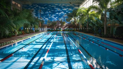 A swimming pool with a mural on the wall