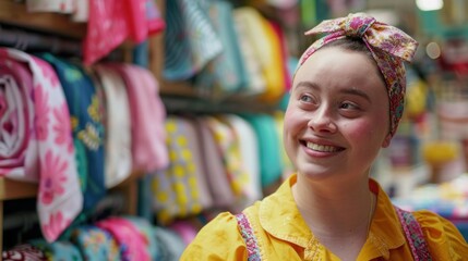 Fototapeta premium Smiling young woman with Down syndrome enjoying shopping in colorful accessories store. Inclusion and diversity in everyday life.