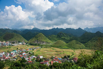 View of the Twin Mountains and limestone karst plateau from Quan Ba Heaven Gate, Tam Son, Ha Giang,...