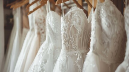 Beautiful, elegant luxury bridal dresses on hangers in a bridal shop boutique salon