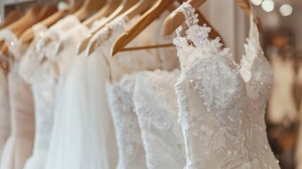 Luxury bridal dresses. White wedding dresses in a bridal shop