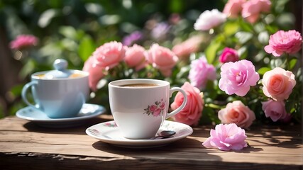 cup of coffee and tulips