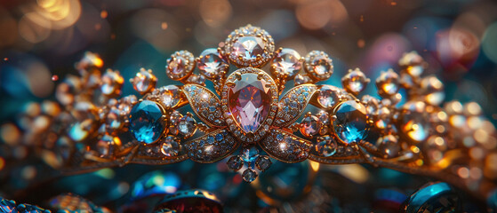 A beautiful golden crown, adorned with shimmering diamonds and sapphires, fit for a queen