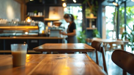 Modern co-working space with an empty wooden table and barista
