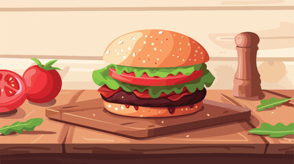 Board with tasty vegan burger on table Vectot style Vector
