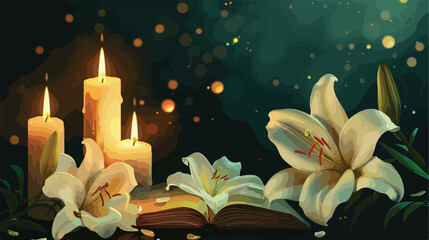 Book white lily flowers and burning candles 