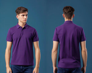 Front and back views of a man wearing a purple polo shirt mockup template