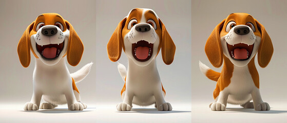 A cartoon dog smiles with its mouth open and its ears perked up