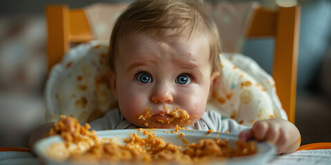 A image of a baby trying solid foods for the first time, with messy but adorable expressions as they explore new tastes and textures - obrazy, fototapety, plakaty