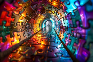 A tunnel made of puzzle pieces with colorful lights. - Powered by Adobe