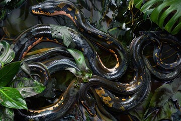 An abstract aria featuring intertwining anacondas, their sinuous forms creating a sense of fluidity and grace in the heart of the tropical jungle - obrazy, fototapety, plakaty