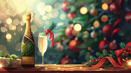 Bottle and glass of champagne with Christmas decor - obrazy, fototapety, plakaty