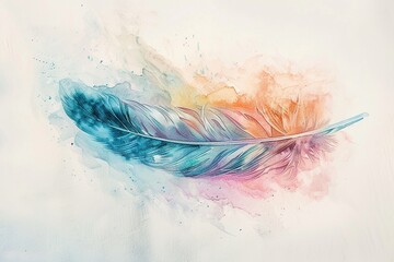 A single feather painted with soft, abstract strokes of pastel watercolors, serene and subtle