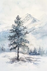 Ethereal watercolor of a single pine tree with a snowy mountain in the background, peaceful and cold