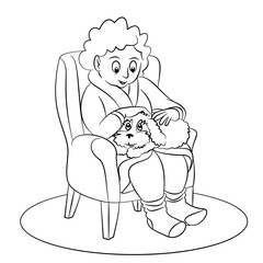 Woman sitting in an armchair looking content with a dog in her lap