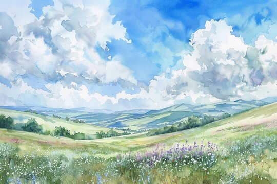 Gentle pastel hues capture the tranquility of rolling hills and fluffy clouds in a dreamy watercolor