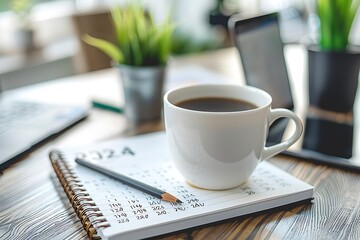 Planner Concept. Desktop Calendar 2024 and cup of coffee place on office desk. Calender and notebook for Planner to plan timetable agenda appointment organization management each date month and year