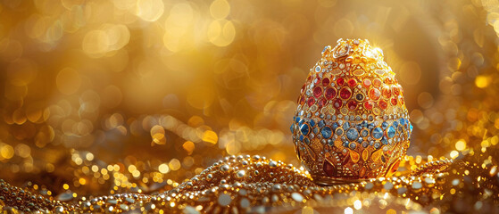 A golden egg, adorned with rubies, sapphires, and diamonds, sits on a bed of gold chains against a shimmering golden background
