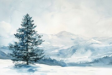 Watercolor painting of a solitary pine tree against a winter mountain backdrop, serene and stark