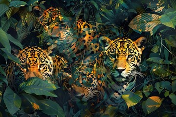 An abstract composition of jaguars forming a dynamic jigsaw pattern within the tropical foliage, creating a sense of both camouflage and distinction