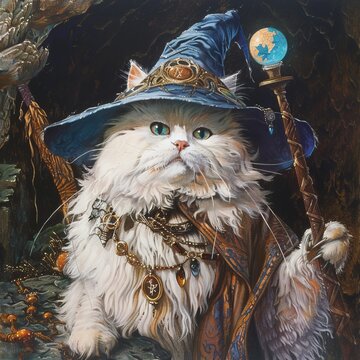 A White Cat Wearing A Blue Wizard Hat And Holding A Staff