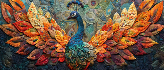 A peacock with spread wings made of colorful feathers