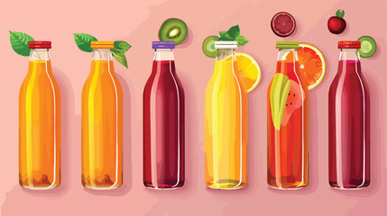 Bottles of fresh fruit juice on color background Vector