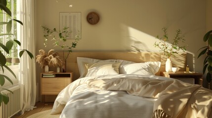 Soothing beige bedroom interior with stylish bed headboard, creating tranquil AI-inspired living space.
