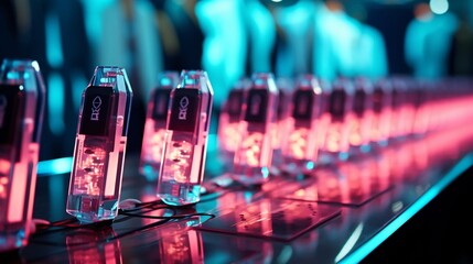 Futuristic USB ports glowing with neon lights at a fashion show, providing a hightech edge to the stylish event, ultra HD ,ultra HD,digital photography