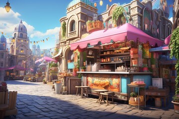 Magical street food vendor in a 3D fantasy world, colorful and bustling, blending culinary arts with imaginative design elements ,3DCG,high resulution,clean sharp focu