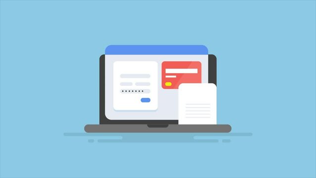 Online checkout using bank card on payment gateway, financial technology business concept video animation.