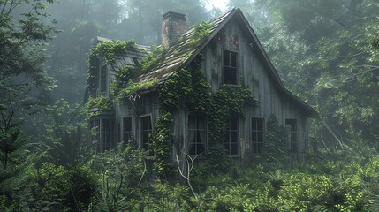 Depict an abandoned cabin surrounded by overgrown vegetation and creeping vines, its windows cracked and broken